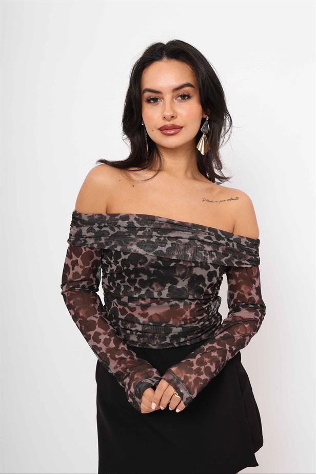 Boat Neck Blouse - Leopard Pattern