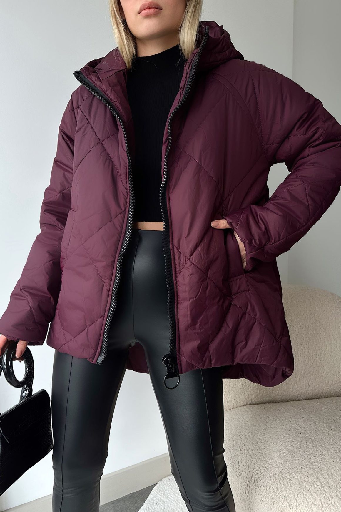 Nylon Quilted Fabric Hooded Women's Coat - Claret Red