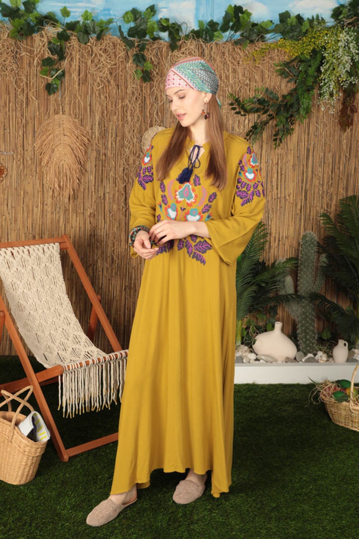 Φόρεμα κεντημένο - Μουσταρδί