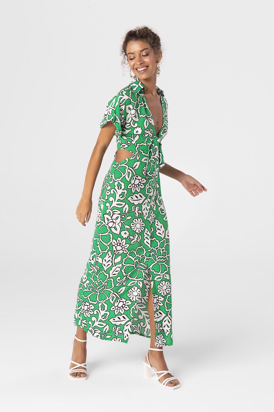 Φλοραλ φορεμα με cut out στη μεση- πρασινο