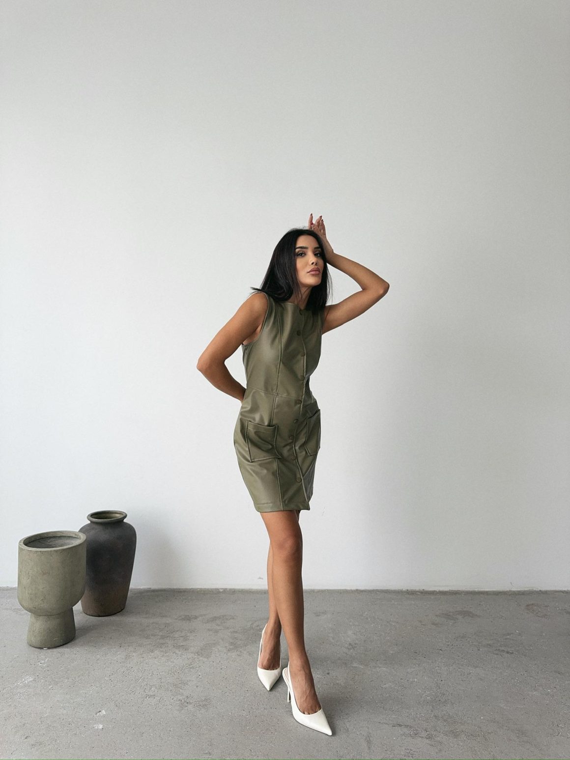 Leather Vest Dress Khaki