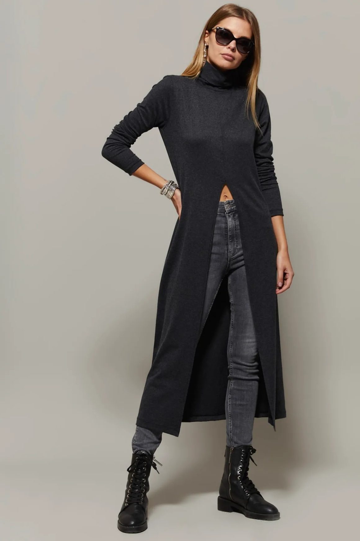 Anthracite Turtleneck Long Slit Tunic