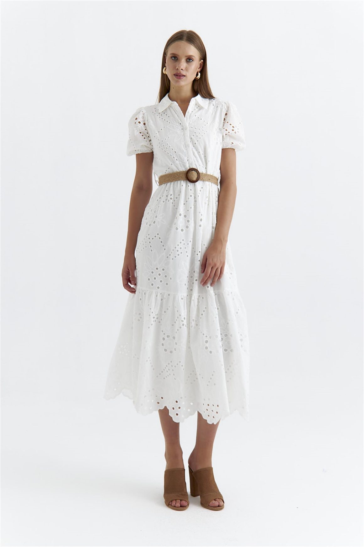 Φόρεμα κοντομάνικο κιπούρ- Λευκό