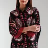 "Women's black co-ord set with pink and maroon floral print, featuring a short button-down top with bell sleeves and matching straight culotte pants – stylish 2-piece outfit"