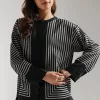 "Women's grey co-ord set with black geometric striped print, featuring a button-down ban neck top and matching straight-fit long pants – modern 2-piece outfit"