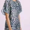 "Women's grass green long dress with multicolor animal print, crafted in Poly Shamooz fabric – flowy one-piece party outfit"