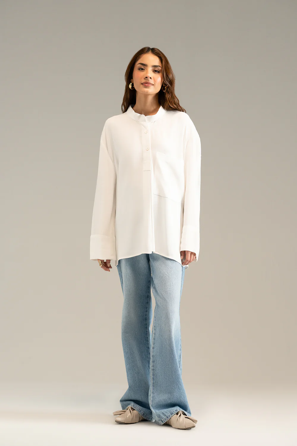 White Flared Sleeve Ban Collar Top - Image 4