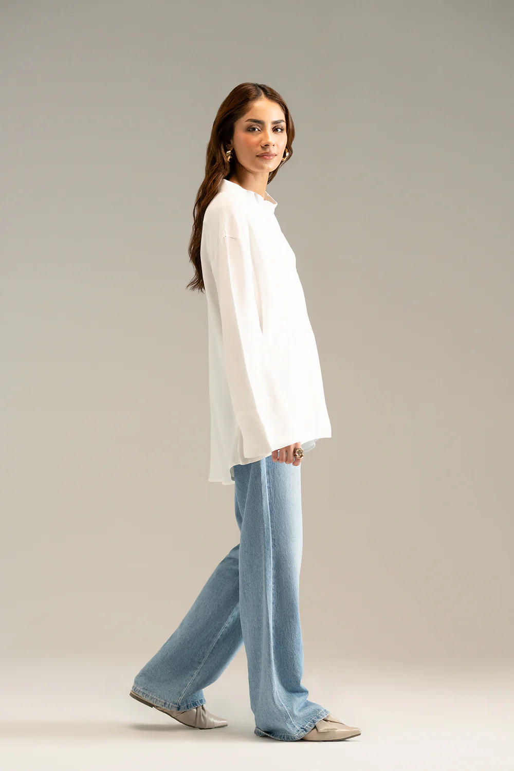 White Flared Sleeve Ban Collar Top - Image 5