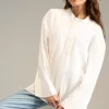 "Women's white georgette top with flared sleeves, ban collar, button placket, and front pocket – oversized 1-piece blouse"