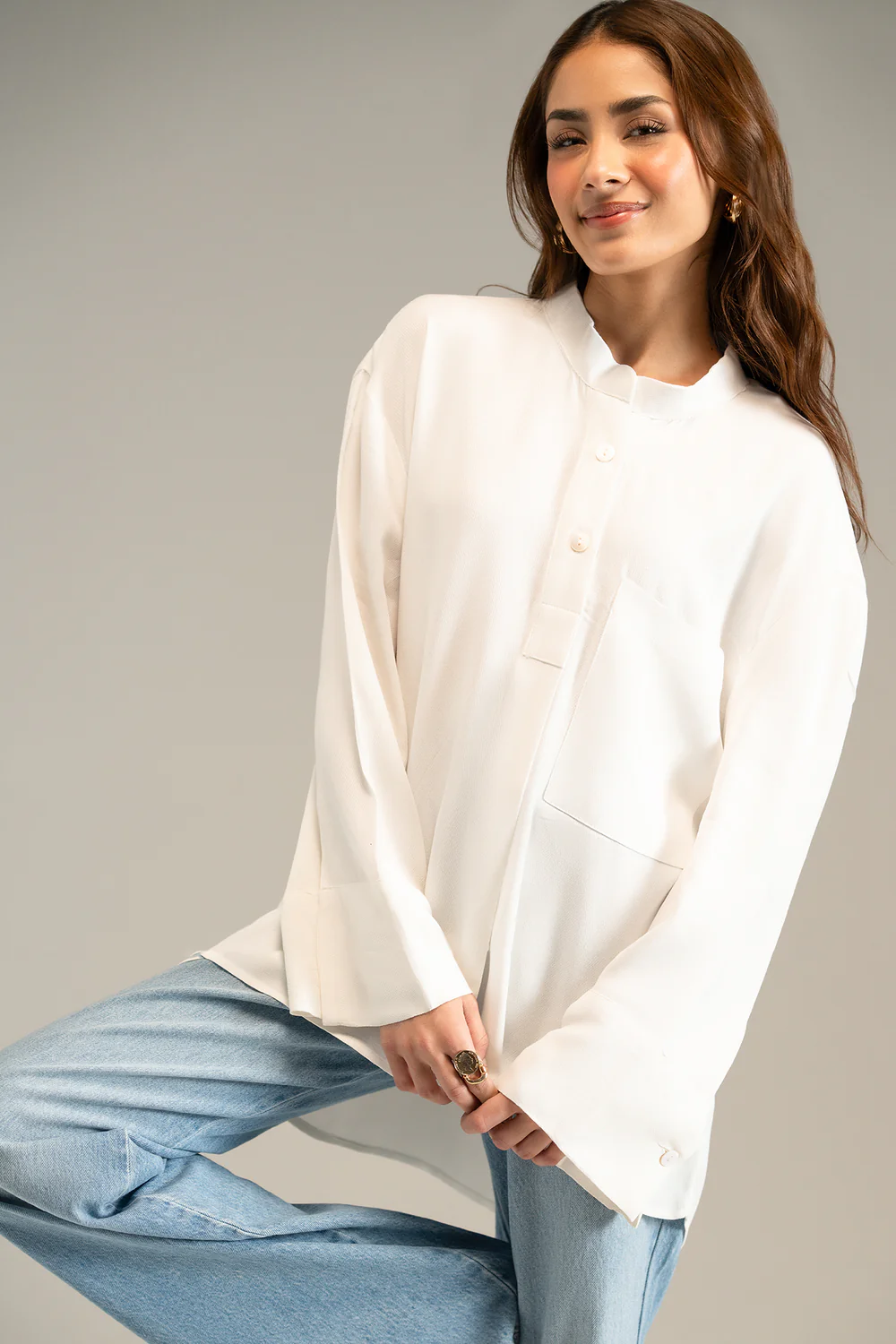 "Women's white georgette top with flared sleeves, ban collar, button placket, and front pocket – oversized 1-piece blouse"