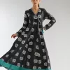 "Women's black angrakha-style pishwas in slub karandi with turquoise and white print, embroidery on neckline and sleeves, and dori tassels – 1-piece traditional formal outfit"