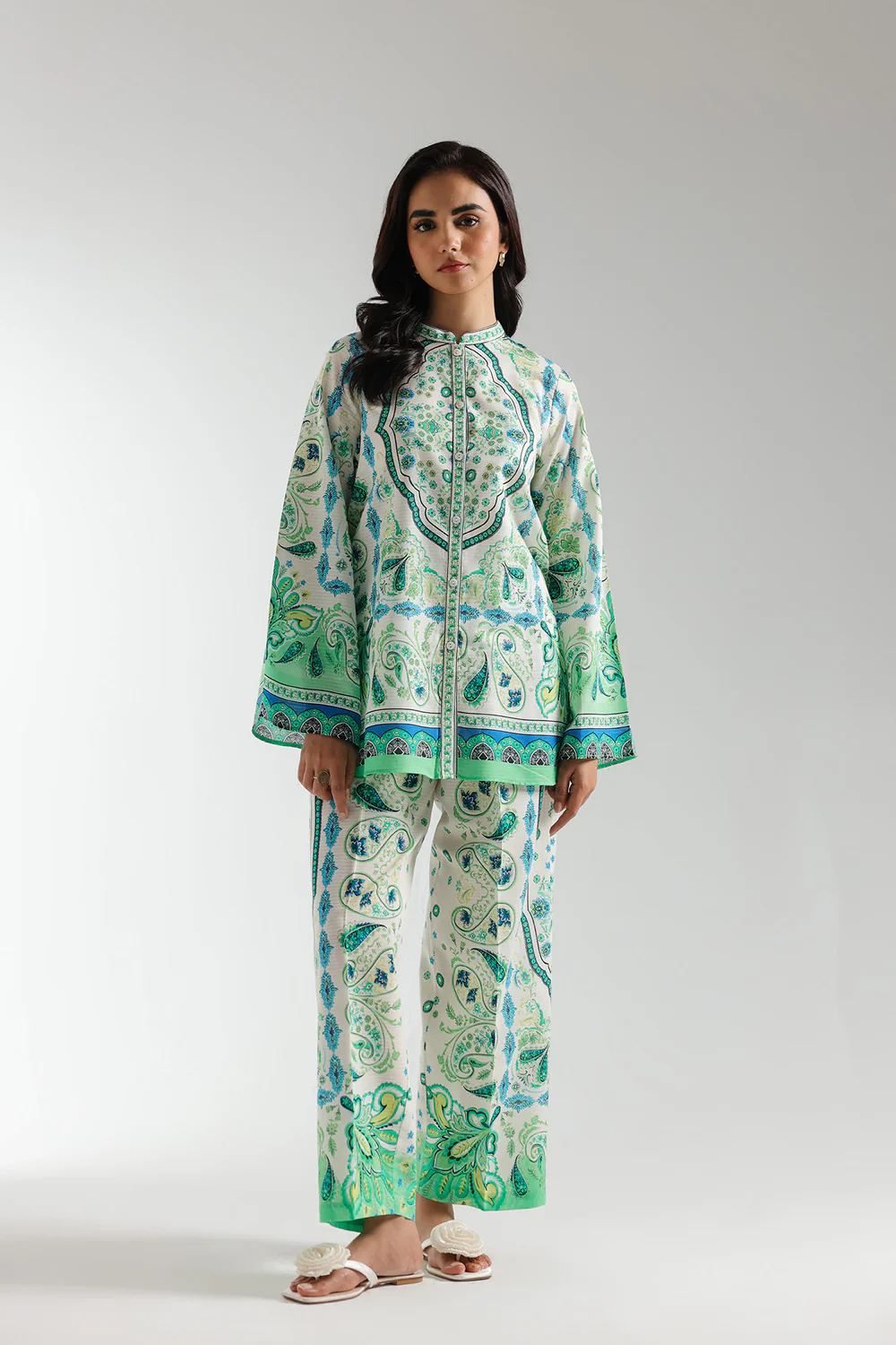 "Women's green fluorescent co-ord set with artistic print – ban neck straight-fit shirt and matching culotte trousers in viscose cotton"