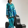 "Women's blue-green co-ord set with artistic multicolor print – short A-line shirt and straight culotte trousers in cotton blend"