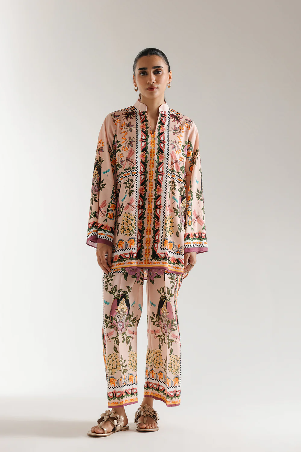 "Women's light pink artistic print co-ord set – ban neck short shirt with V-slit and straight culotte trousers in cotton viscose fabric"