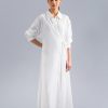 Front view of off-white button-down dress with drawstring waist tie
