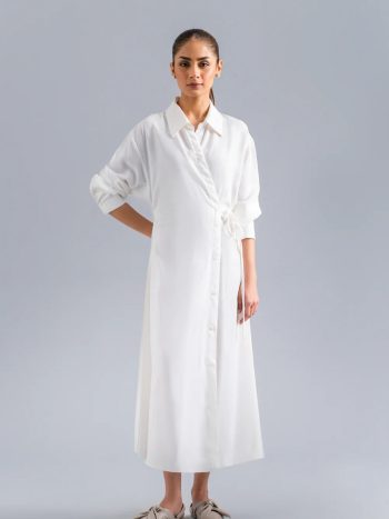 Front view of off-white button-down dress with drawstring waist tie