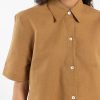 Front view of contemporary brown cotton linen shirt