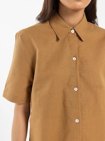 Front view of contemporary brown cotton linen shirt